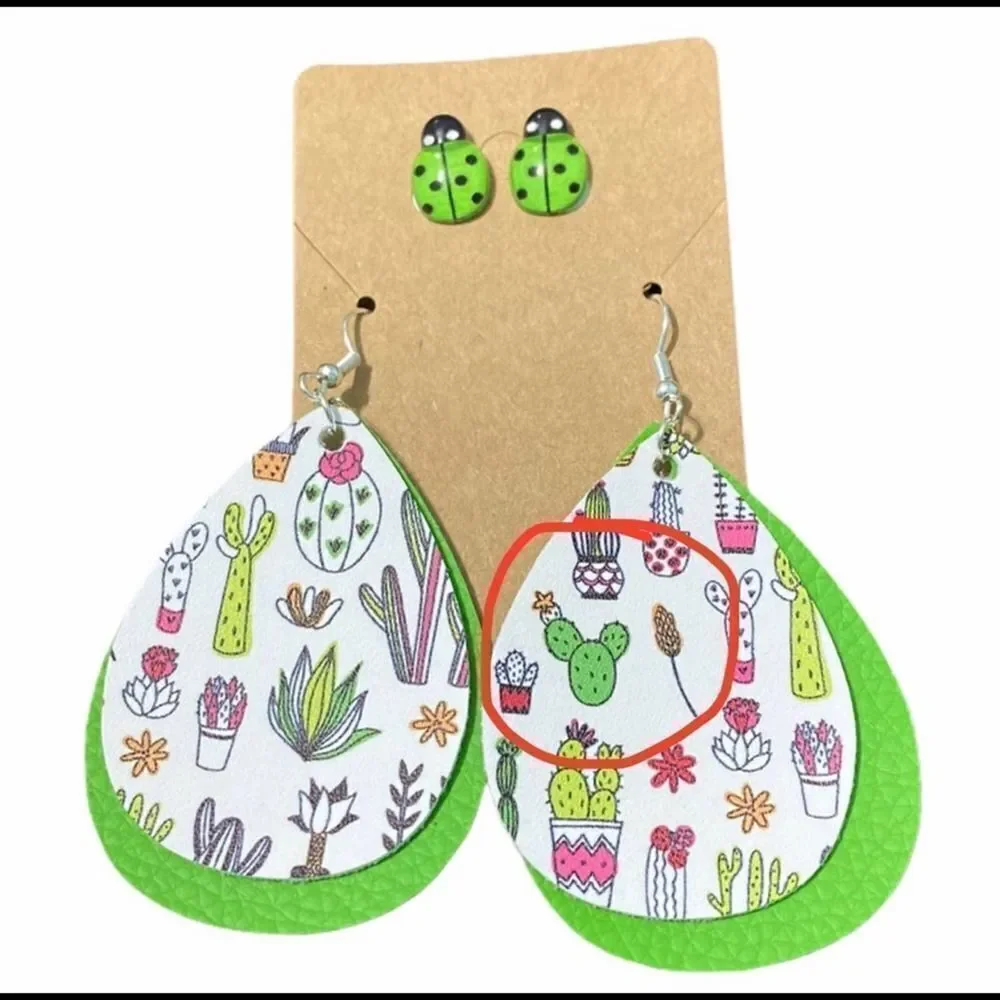 Lady Bug Studs Succulent Plant Earrings Set Green‎